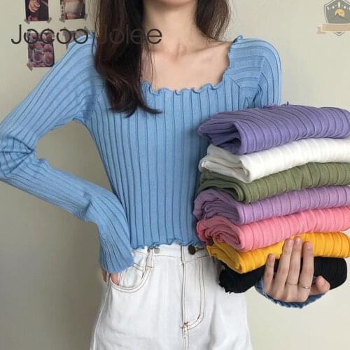 Jocoo Jolee Women Elegant Solid Color Knitting Sweater Autumn Long Sleeve Cropped Tops Autumn Slim Retro Pullover Jumpers