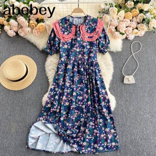 Women Retro Print Long Dress Korean O Neck Short Sleeve A-line Dresses Spring Fashion Casual Court Wind Vacation Dress