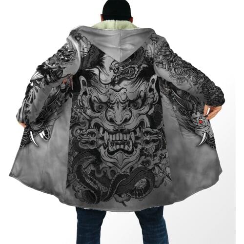 2021 winter Mens Hooded cloak Samurai Oni Mask Tattoo 3D Printing Fleece wind breaker Unisex Casual Warm Hood cloak PF04