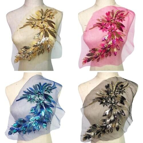 Gold Feather Tail Sequins Lace Trims Flowers Mesh Sew On Patches Embroidery For Wedding Appliques Decoration DIY Accessories