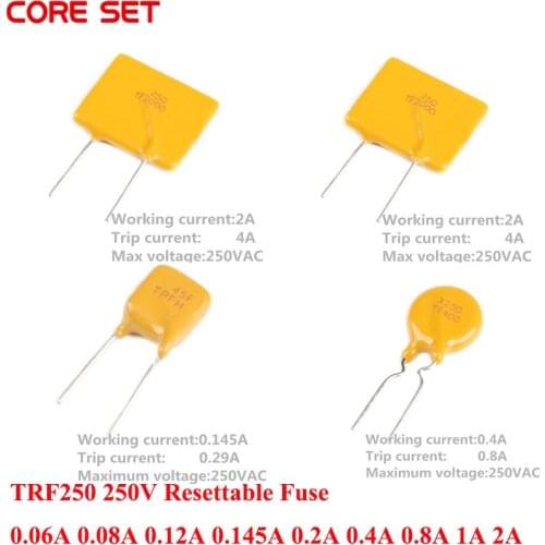 10PCS PPTC TRF250 Resettable Fuse TRF250-2000 250V 0.06A 0.08A 0.12A 0.145A 0.2A 0.4A 0.8A 1A 2A 2000MA Pitch 10mm TRF250-060