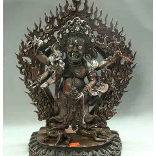 15" China Tibet Buddhism Temple Pure Bronze Stand 6 Arm Mahakala Buddha Statue