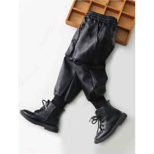 2021 Spring Autumn Kids Baby Girls Pants Plus Velvet Pu Pants Boys Girl Imitation Leather Warm Trousers Childrens Clothing D586