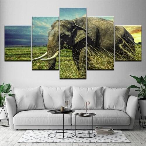 5 Panel Large Modern Printed Elephant Oil Painting Picture Cuadros Home Decor Canvas Wall Art For Living Room Framed Artwork