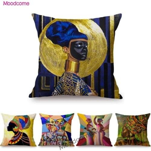 Abstract Africa Woman Home Decoration Art Cotton Linen Sofa Throw Pillow Case Metallic Black Girl Car Cushion Cover Case