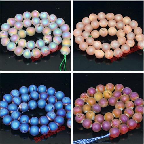 Free Shipping Rainbow Purple Yellow Blue gray Metallic Titanium Coated Natural Druzy Quartz Agat Round Loose Beads 6 8 10 12mm
