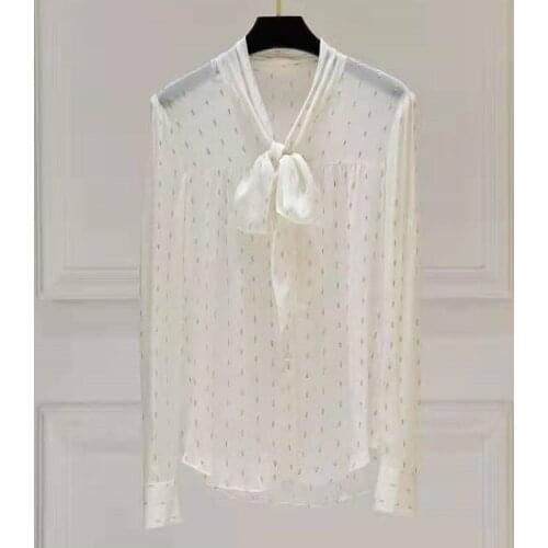 XXL Blouse Shirts 2021 Autumn High Quality Brand Blouses Women Bow Collar Golden Print Long Sleeve Black White Elegant Shirts