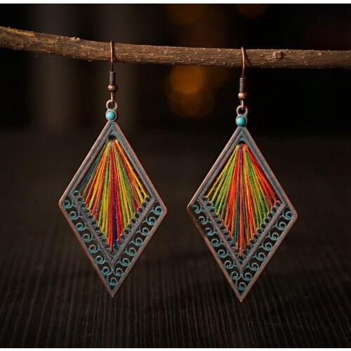 Boho Summer Gypsy Rhombus Alloy Dangle Earrings Vintage Womens Ethnic Silk Jhumka Earrings Oorbellen