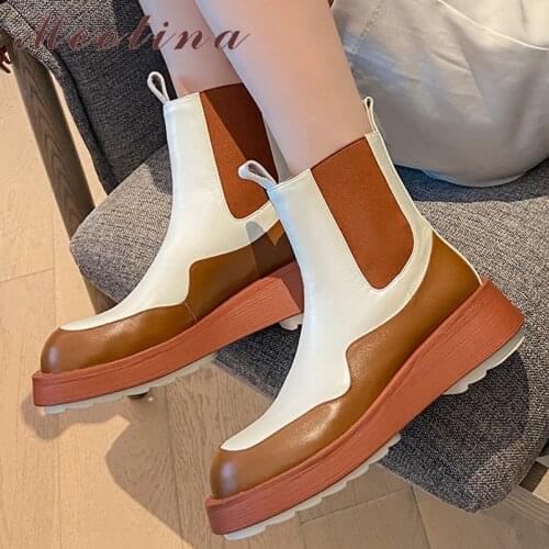 Meotina Genuine Leather Ankle Boots Women Shoes Platform Flat With Boots Round Toe Ladies Short Boots Winter Autumn Green 34-43