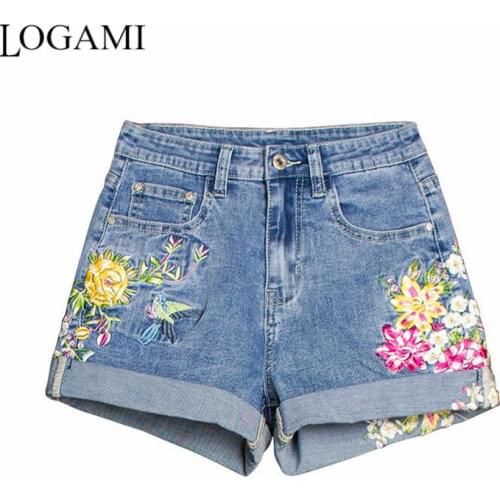 LOGAMI Bird Flower Embroidery Denim Shorts WomenS Casual Summer Jean Shorts New Arrival