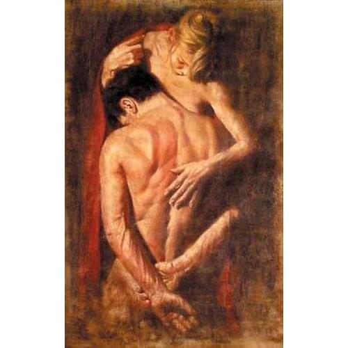 Oil painting romantic young lovers naked strong young man and girl Hand painted