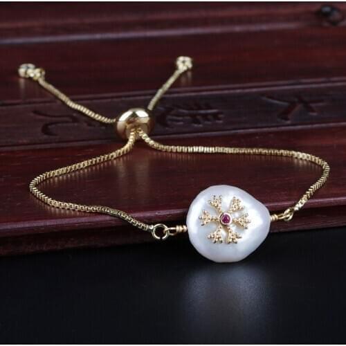 Wine red cz tiny snow snowflake charm freshwater pearl bead charms dainty link bracelets for women jewelry gift