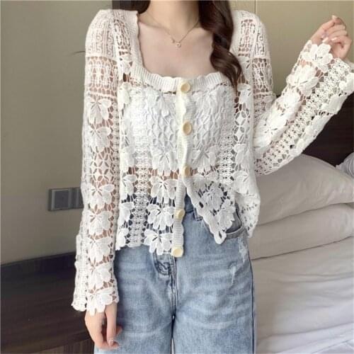 Summer Beach Lace Blouse Hollow Out Crochet Tops Women Long Sleeve Boho Bohemian Blouse Crop Top Korean Style Blusa Mujer