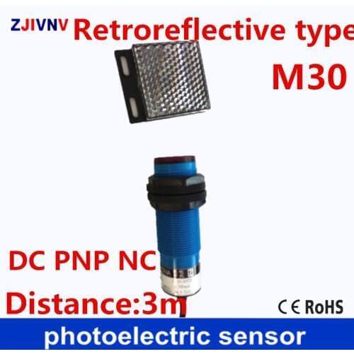 M30 Retroreflictive type DC10-30V PNP NC Photoelectric / photocell sensor switch with mirror reflector plate detect distance 3m