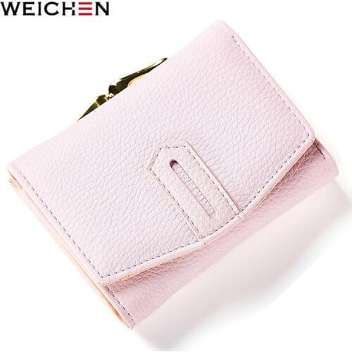 WEICHEN Fashion Small Womens Wallets Solid Leather Card Holder Coin Female Hasp Short Clutch Wallet Ladies Purse Bag