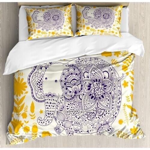 Oriental Duvet Cover Set Pattern with Floral Motifs and Cartoon Elephant 3 Piece Bedding Set Earth Yellow Indigo