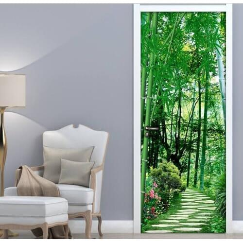 Door Stickers Waterproof Living Room Bedroom Door Wallpaper Self-Adhesive Wall Decals 3D Bamboo Forest Photo Wallpaper Sticker