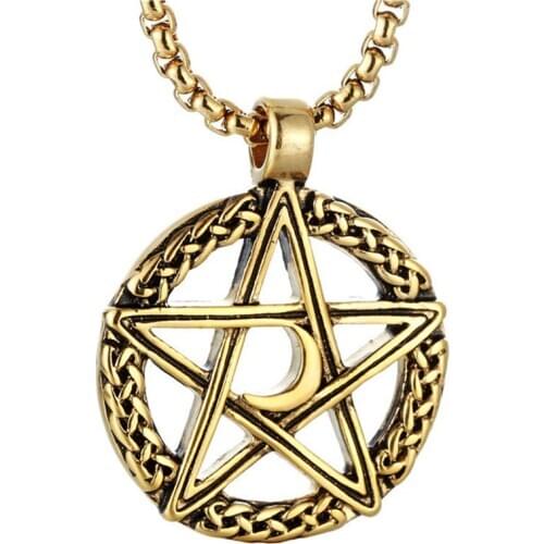 New Retro Moon Pentagram Pendant Punk Necklace Fashion Vintage Mens Stainless Steel Cast Pentagram Necklaces