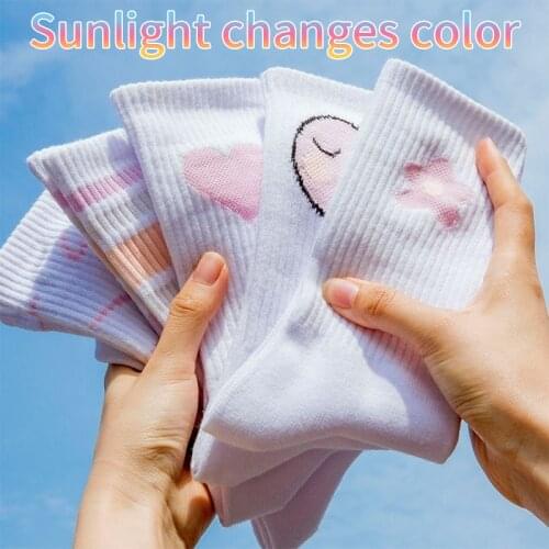 Discoloration Sunflower Kawaii Women Socks With Print Fancy Strawberry Cute Japanese Fashion Cotton Funny Cartoon Socks Female