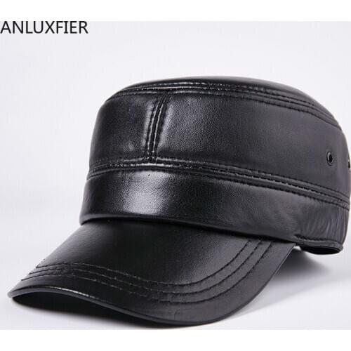 H7629 Sheepskin Genuine Leather Military Hat Autumn Winter Korean Thin Men Casual Flat Top Black Cap Male Outdoor Fashion Hats