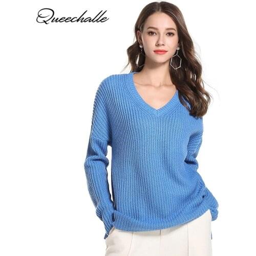 Spring Autumn Sweater For Women V Neck Loose Casual Knitted Pullovers Female Long Sleeve Pullover Sweaters Solid Tops Blue Gray