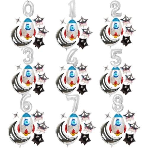 7pcs/lot Outer Space Party Number balloons Rocket Foil Balloons Moon Stars Balloons Boy Kids Birthday Party Decor Baby Shower