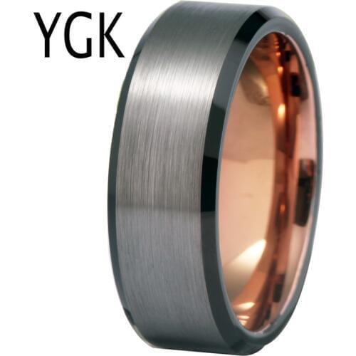 YGK Jewelry Silver Matt Surface Black Bevel Rose Inside Tungsten Rings for Men Bridegroom Wedding Engagement Anniversary Ring