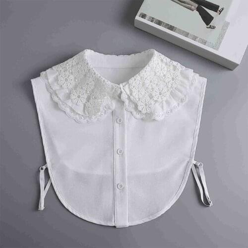 Women Multi Layered Lapel Faux Collar Vintage Doll White Half Shirt Blouse Dickey Hollow Out Embroidery Floral Crop Top
