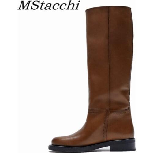 MStacchi Women Concise Knee-length Boots Round Toe Crude Heel Solid Color Slip-on Shoes Autumn Womens Rubber Botas de mujer