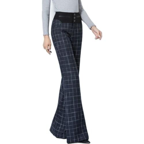 2020 Autumn Winter New Womens Woolen Pants Thick Wide Leg Stripe Flared Trousers Slim Plaid Fashion Dark Blue Plus Size S 10XL