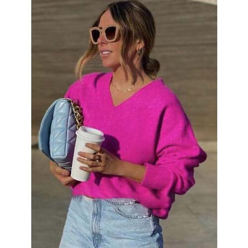 ZXQJ Women Purple V Neck Sweater 2021 Autumn Fashion Lady Loose Elegant Long Sleeve Soft Sweaters Female Casual Solid Pullover