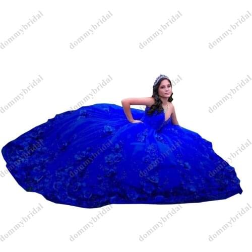 Dramatic Royal Blue 3D Floral Flowers Vestido De 15 16 XV Anos Ball Gown 2021 Charro Quinceanera Prom Dress Pearls Crystal Bead