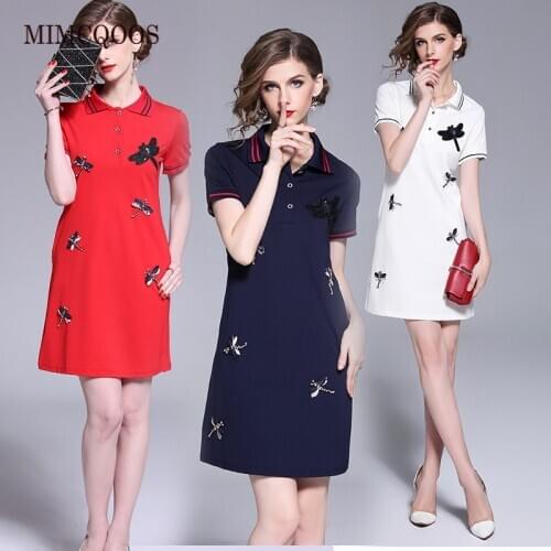 Women Mini Dress Summer 2021 Striped Polos Shirt Dresses Female Embroidery Beading Vestidos Woman Clothes Black White Red