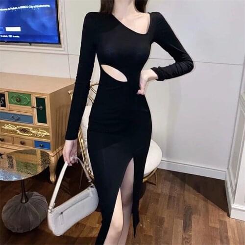 Skirt New 2021 Goddess Sexy Temperament Diagonal Shoulder Bag Hip Over Knee Autumn Fall Dress Slim Fit Split Casual Sundresses