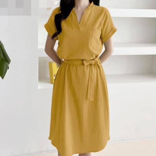 2021 Summer Casual Shirt Dress Solid Color Skin-friendly V Neck Knee Length Short Sleeve Belt Women Summer Midi Sundress Office