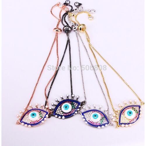 6PCS ZYZ-B1126 eye shape cz shell connector bracelet, cubic zirconia pave charm bracelet in gold/rose gold/gunmatel silver color
