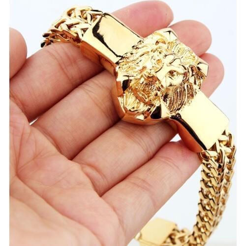 8.66" 15mm High Quality Figaro Rolo Chain With Stainless Steel Lion Head Bracelet Fashion Mens Cuff Jewelry