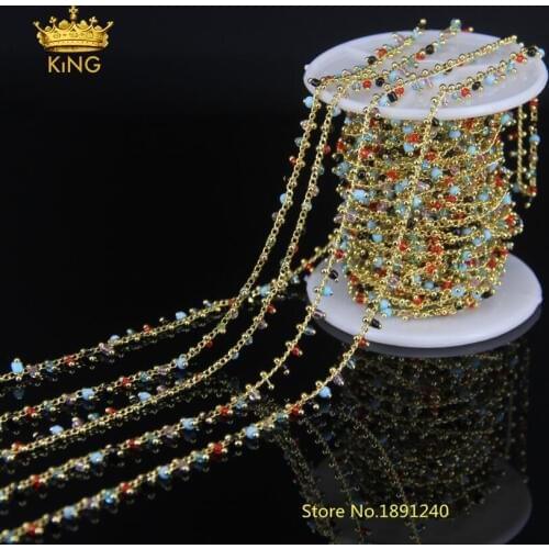 Rosary Chain New Golden Plated Brass Cube Wire Wrapped Tiny 2mm Natural Rainbow Glass Beads Link Jewelry Findings 5M LS37