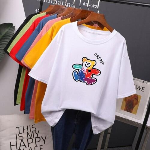 Hirsionsan Cute Bear Printed T Shirts Women 2021 Summer New Kawaii Basic Loose Tees Soft Oversized Female Cotton Tops M-4XL