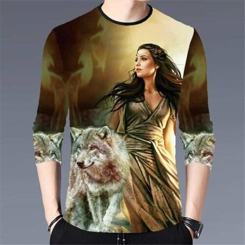 Animal wolf graphic T-shirt 3D printing casual long-sleeved shirt autumn mens round neck bottoming shirt fashion mens clothing