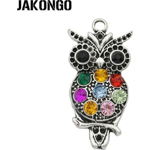 JAKONGO Antique Silver Plated Colorful Crystal Owl Charm Pendants for Jewelry Accessories Making Bracelet DIY 48x23mm 2pcs/lot