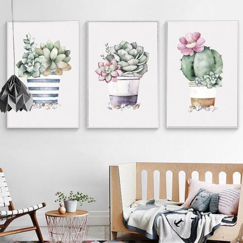 HAOCHU Nordic Pastoral Succulent Plant Lotus Lithops Bonsai Wall Picture Canvas Painting For Living Room Bedroom Wall Decor