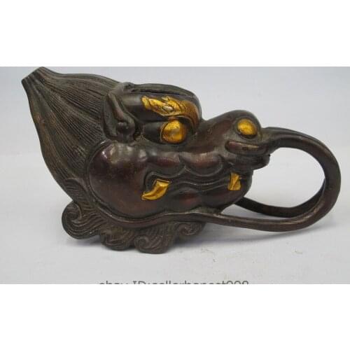China Chinese Folk old Bronze Gilt Copper Dragon Head Teapot Wine Pot