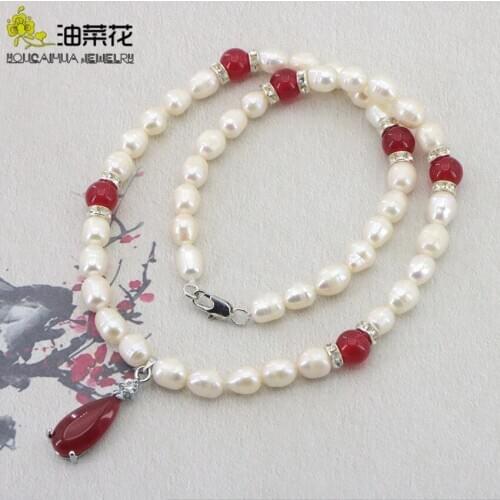 Classic Natural Cultured Pearl Rice Shape Rubys Pendant Necklace Female Mother Fashion Charm Jewelry Memorial Day Christmas Gift