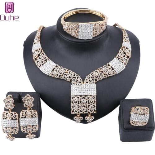Dubai Fashion Women Crystal Necklace Party Jewelry Set Creative Bangle Earrings Romantic Wedding Ring Jewelry Sets