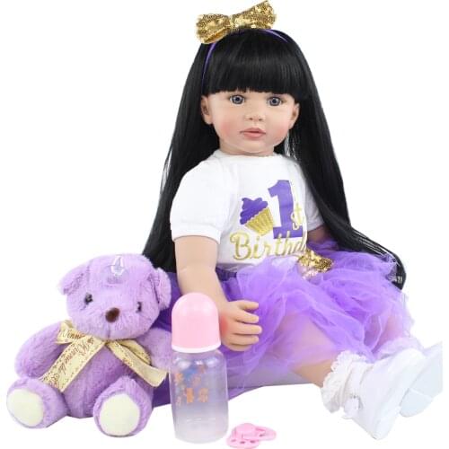 60 CM Soft Silicone Reborn Baby Doll Toys For Girl 24 Inch Black Long Hair Princess Toddler Dress Up Bebe Kids Birthday Gift