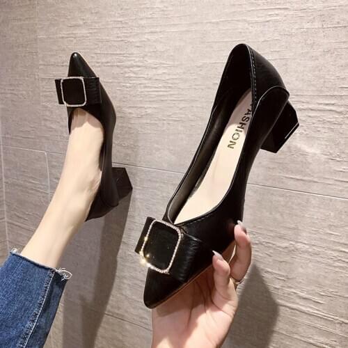 LLOGAI Fashion Crystal Buckle Square Heels Shoes Woman Fashion Pointed Toe Office Party Pumps Shoes Women Zapatos De Mujer