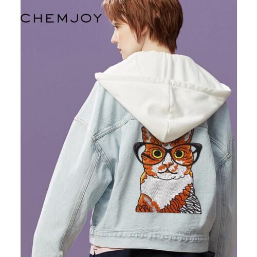 Sequins Anime Patches Sew on Applique Nerd Cat Large Iron on Patch for Clothing Bags DIY Apparel Clothes Sticker Aniaml Parches