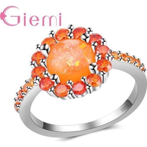 Original Solid Silver Color Rings For Women Orange Rhinestone Flower Engagement Rings Cubic Zirconia Wedding Rings Jewelry