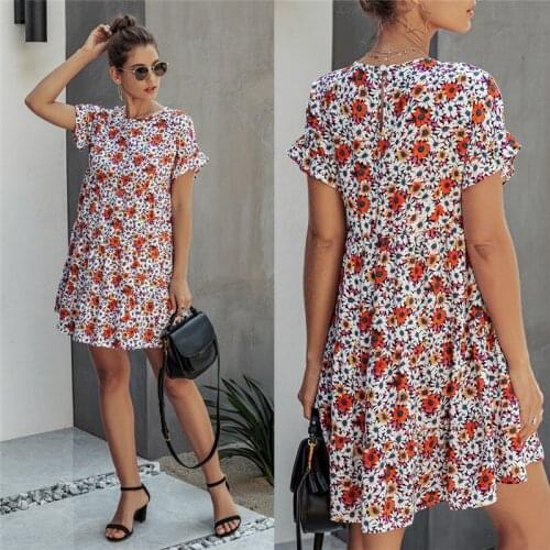 Dresses Woman 2021 Summer Flower Leopard Print Short-Sleeved Casual Loose Dress Black Mini Short Sundress Beach T Shirt Dresses